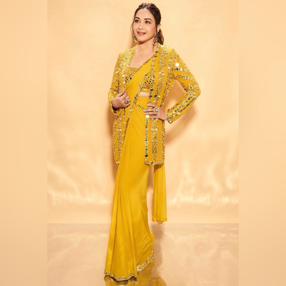 SEEMA GUJRAL Yellow Georgette Mirror Embroidered Pre-Draped Jacket Saree Set